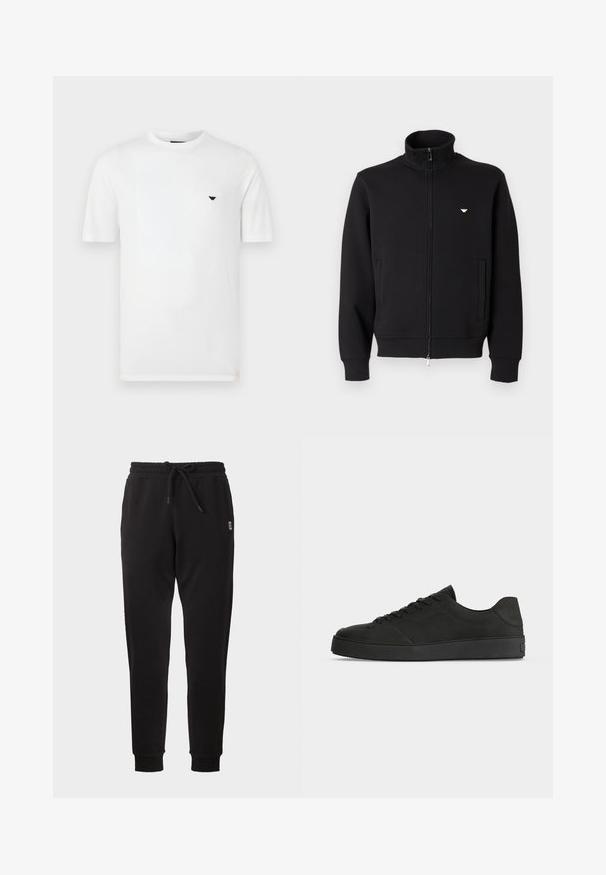 Sweatshirt noir à fermeture éclair avec un col montant, doté de deux poches avant et d'un petit emblème doré sur le côté gauche de la poitrine. Texture de tissu doux.; T-shirt en coton blanc avec col rond et manches courtes. Présente un petit logo noir sur le côté gauche de la poitrine. Texture lisse, coupe décontractée.; Pantalon de survêtement noir fuselé avec taille élastique, cordon, poches latérales et poignets côtelés, présenté sur fond uni.; Baskets basses noires avec un design à lacets et une semelle épaisse, vues de côté sur un fond clair uni.