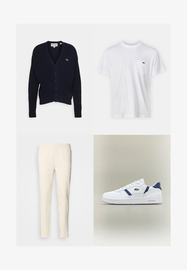 Navy vest gemaakt van zachte stof, met een v-hals, lange mouwen, zes knoopsluitingen en een klein groen logo op de borst.; Witte katoenen t-shirt met een ronde halslijn en korte mouwen. Beschikt over een linkerkant borstzakje en een klein groen Lacoste-logo.; Crème-kleurige joggingsbroek van zachte stof, met een elastische tailleband, taps toelopende benen en afgesloten enkels. Eenvoudig ontwerp zonder patronen.; Witte Lacoste sneaker met marineblauwe accenten, groen krokodillenlogo, vetersluiting en merkschoen op een neutrale achtergrond.
