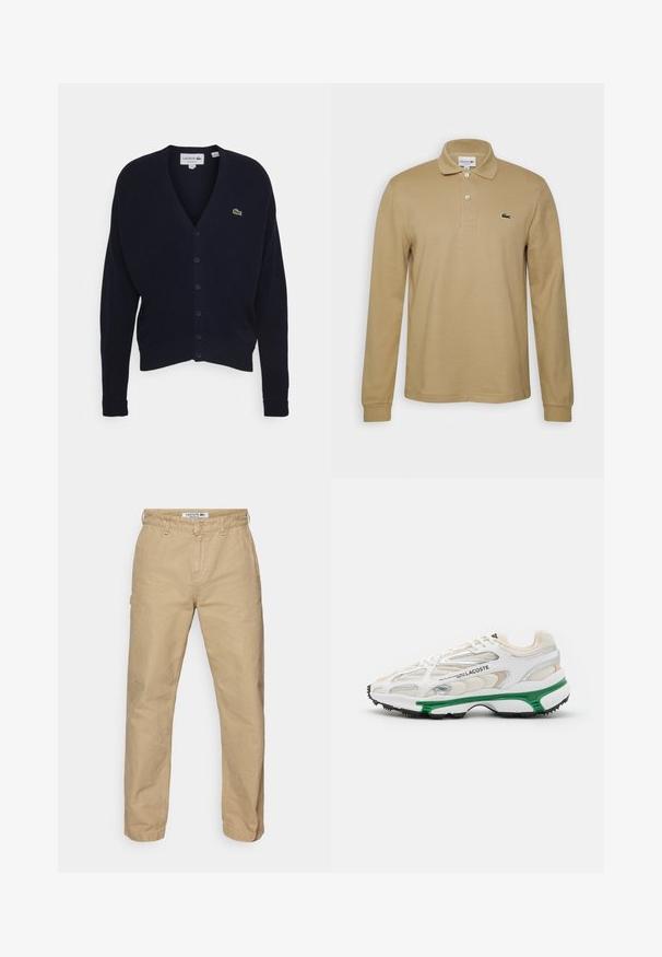 Marineblå cardigan lavet af blødt stof, med v-hals, lange ærmer, seks knaplukninger og et lille grønt logo på brystet.; Langærmet poloshirt i beige, lavet af bomuldsblanding. Har en krave og ribstrikkede manchetter. Glat tekstur uden synlige mønstre eller design.; Beige, lette bomuldsbukser med lige ben-design, der har en knaplukning og en subtil tekstur. Lacoste-logo på taljen.; Hvide sneakers med grønne accenter og sort gummisål. Har mesh- og syntetiske paneler med en struktureret overflade og synlige sømme.