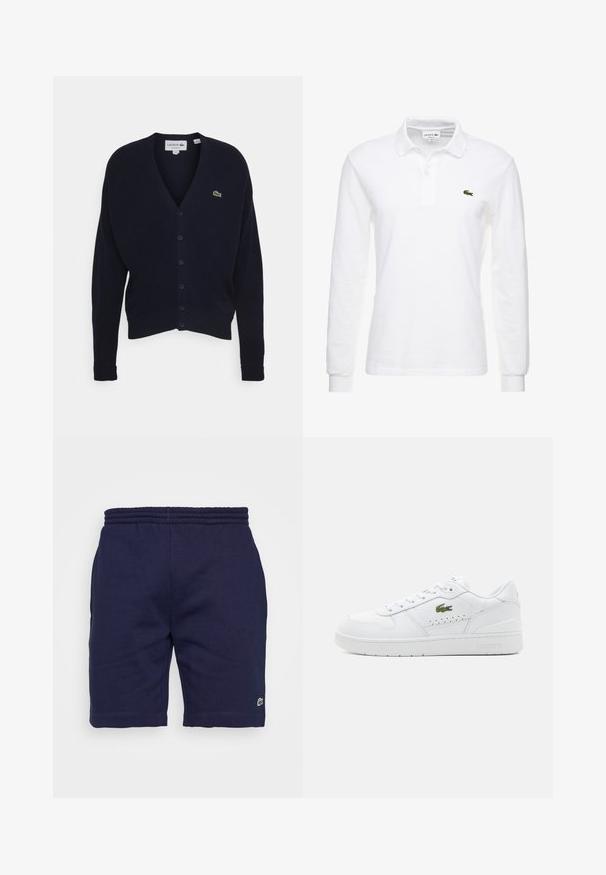 Navy vest gemaakt van zachte stof, met een v-hals, lange mouwen, zes knoopsluitingen en een klein groen logo op de borst.; Witte poloshirt met lange mouwen van katoen, met een klassieke kraag en een klein groen Lacoste-logo op de borst. Glad textuur.; Navyblauwe katoenen shorts met een elastische tailleband, voorzien van een klein groen logo op het linksonder been en een gladde textuur.; Witte leren sneakers met geperforeerde accenten, platte veters en een klein groen logo aan de zijkant. Rubberen zool en gewatteerde kraag voor comfort.