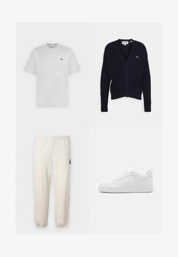 Navy vest gemaakt van zachte stof, met een v-hals, lange mouwen, zes knoopsluitingen en een klein groen logo op de borst.; Lichtgrijs T-shirt met korte mouwen en ronde hals met klein groen Lacoste krokodillenlogo op de linkerborst.; Lichtbeige sweatpants van katoen, met een elastische tailleband, geribde boorden en een groen logo met een bladerenontwerp op het linkerpand.; Witte leren sneaker met geperforeerde neus, platte veters en gevoerde kraag. Voorzien van een geperst logo aan de zijkant en een getextureerde rubberen zool.