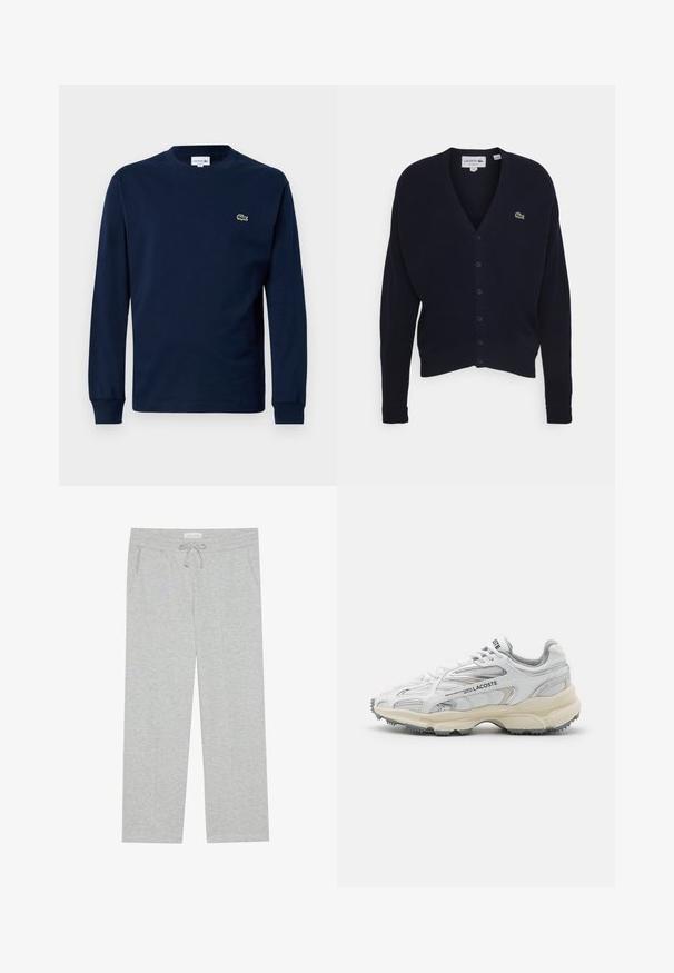 Navy vest gemaakt van zachte stof, met een v-hals, lange mouwen, zes knoopsluitingen en een klein groen logo op de borst.; Marineblauw langemouwen t-shirt van katoen, met een ronde hals en een klein groen krokodil logo op de linkerborst.; Pier One Trainingsbroek - light grey; Witte sportieve schoenen met grijze accenten, bovenwerk van mesh en synthetisch materiaal, vetersluiting en een geprofileerde rubberen zool met looppatronen.