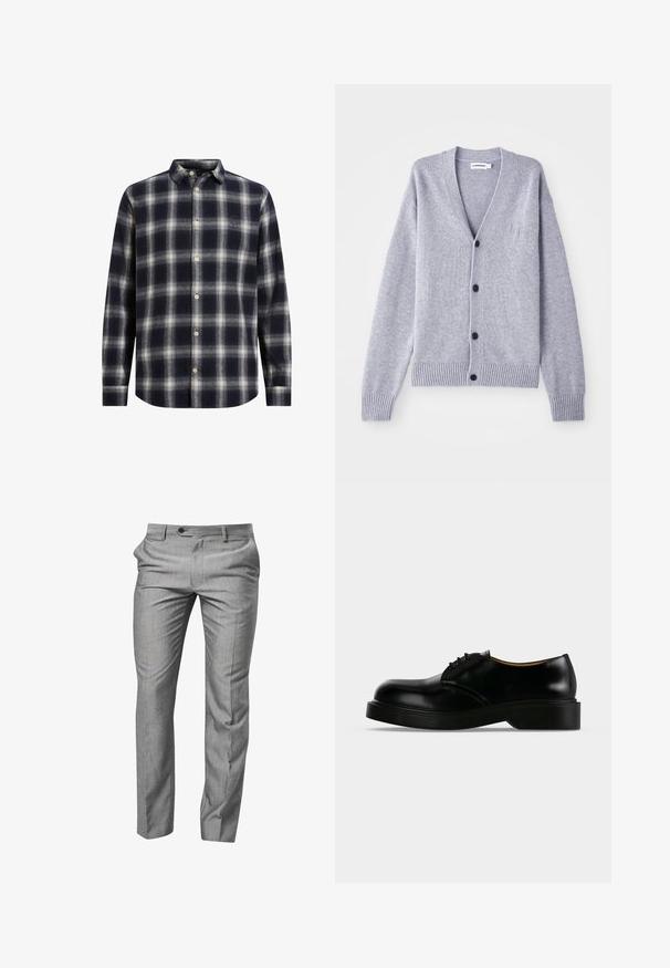 Grå strikket cardigan med V-hals, seks sorte knapper, ribbede manchetter og kant, samt et subtilt logo på venstre bryst.; Marineblå og cremeplaid flannel skjorte med knapkrave, lange ærmer og beige knapper; har en blød tekstur og en struktureret form.; Next SUIT TROUSERS REGULAR FIT - Habitbukser - grey; Sort poleret læder snørestøvle med tyk sål, rundet tå og lav hæl, vist fra siden på en ensfarvet baggrund.