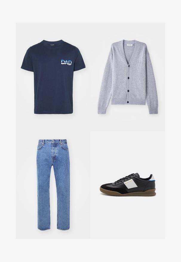 Cárdigan de punto gris con escote en V, seis botones negros, puños y dobladillo acanalados, y un logo sutil en el lado izquierdo del pecho.; Camiseta de algodón azul marino de mangas cortas. Presenta un texto gráfico en blanco "PAPÁ" en el lado izquierdo, en una fuente negrita. Diseño simple y casual.; Won Hundred STEVE - Vaqueros boyfriend - cut blue; Zapatillas de cuero negro y gamuza con un panel gris, suela de goma marrón y acento azul en el talón. Cuenta con cordones y logotipo en relieve.