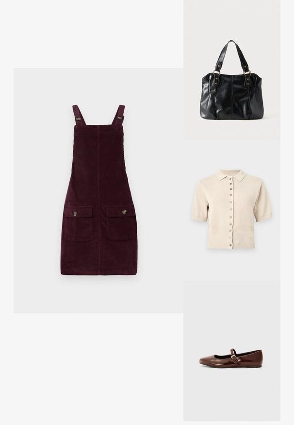 Beige gebreid vest met korte mouwen, een kleine kraag, knoopsluiting aan de voorkant, en een geribbelde zoom en manchetten.; Katoenen jurk in diep bordeauxrood, met verstelbare schouderbanden, voorsluitingen met metalen hardware en een getailleerde pasvorm. Gelaagd stof.; Bruine gepatineerde leren balletschoen met een vierkante neus en een bandje met een kleine gouden gesp. Gladde textuur, lage hak en minimalistisch ontwerp.; Zwarte leren schoudertas met dubbele bandjes bevestigd met gouden ringen en klinknagels, glad en licht glanzend oppervlak, eenvoudig ontwerp.