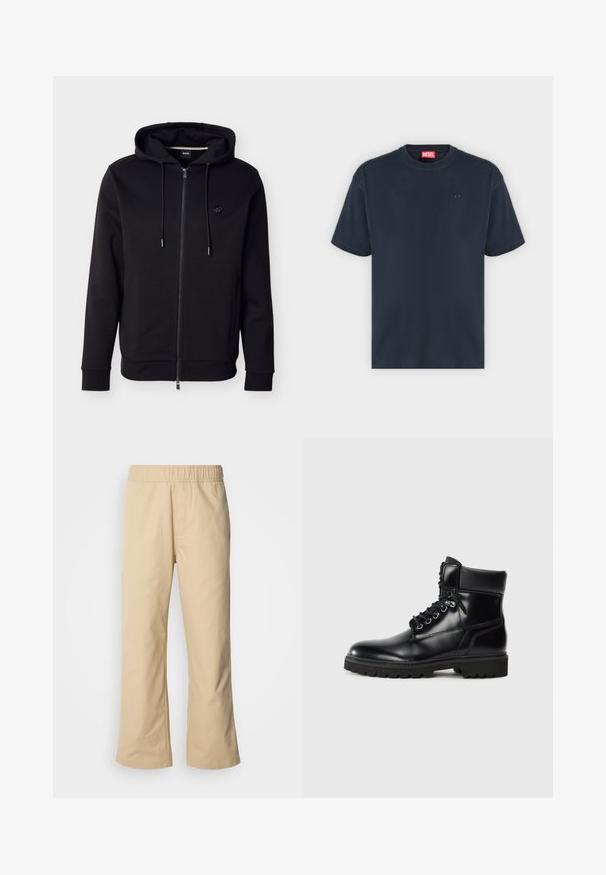 Sweat à capuche noir zippé avec poches avant, cordons réglables, poignets côtelés et petit logo rond sur la poitrine gauche.; T-shirt noir uni à manches courtes et col rond, avec un petit logo noir sur la poitrine et une étiquette de marque rouge à l'intérieur de l'encolure.; Pantalons larges beiges avec une taille élastique, fabriqués en tissu coton doux, comportant des poches latérales et une silhouette droite.; Bottine en cuir noir avec une finition brillante, design à lacets, col rembourré et semelle en caoutchouc robuste avec des grips de traction.