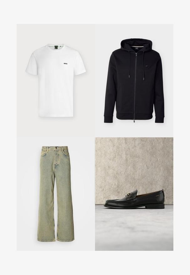 Schwarzer Kapuzenpullover mit Reißverschluss, Fronttaschen, verstellbaren Kordeln, gerippten Bündchen und einem kleinen runden Logo auf der linken Brust.; Schlichtes weißes T-Shirt mit kurzen Ärmeln und kleinem schwarzen "BOSS"-Logo auf der linken Brust, vor hellem Hintergrund gezeigt.; Weite Jeans aus hellblauem Denim, mit hohem Bund, klassischem Five-Pocket-Design und Knopfverschluss vorne.; Schwarzer Lederloafer mit goldfarbenem Metallbit und "HUGO"-Markenlogo, präsentiert vor einem beigen Teppich und braunen durchsichtigen Möbelstücken.