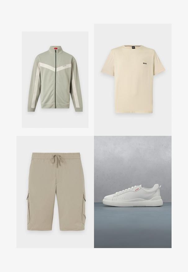Hellgraue Reißverschlussjacke mit weißen Streifen an Ärmeln und Brust, mit Stehkragen und Hugo-Logo vorne.; Beiges Kurzarm-T-Shirt mit Rundhalsausschnitt und kleinem schwarzem "BOSS"-Logo auf der linken Brust.; Beige Cargo-Shorts mit elastischem Bund und Kordelzug. Sie verfügen über Seitentaschen und einen glatten, leichten Stoff.; Weiße Sneaker aus glattem Leder, runde Spitze, vier Ösen, dezente Perforationen und ein rotes Logodetail an der Seite.