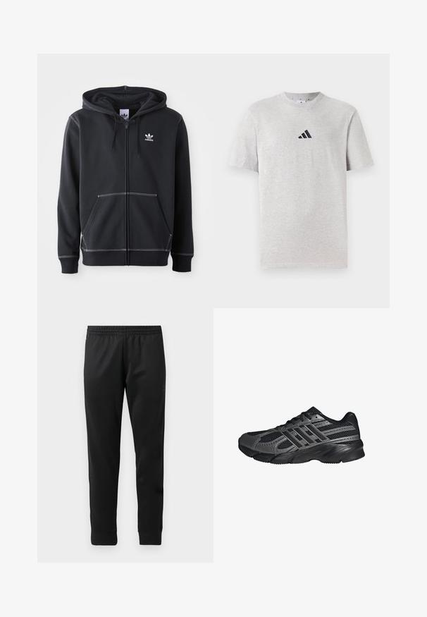 Sort zip-up hoodie lavet af blødt stof med en frontkangaroo-lomme, hvide stikninger og et lille hvidt logo på brystet.; Grå bomuld t-shirt med korte ærmer, rund hals, og en lille sort tre-stribe logo på øverste venstre bryst.; Sorte træningsbukser lavet af glat stof, med elastisk talje, tætsiddende ben og ribbede manchetter ved anklerne.; Sorte træningssko lavet af mesh og syntetiske materialer, med en tekstureret overflade, flere grå striber og en polstret krave.