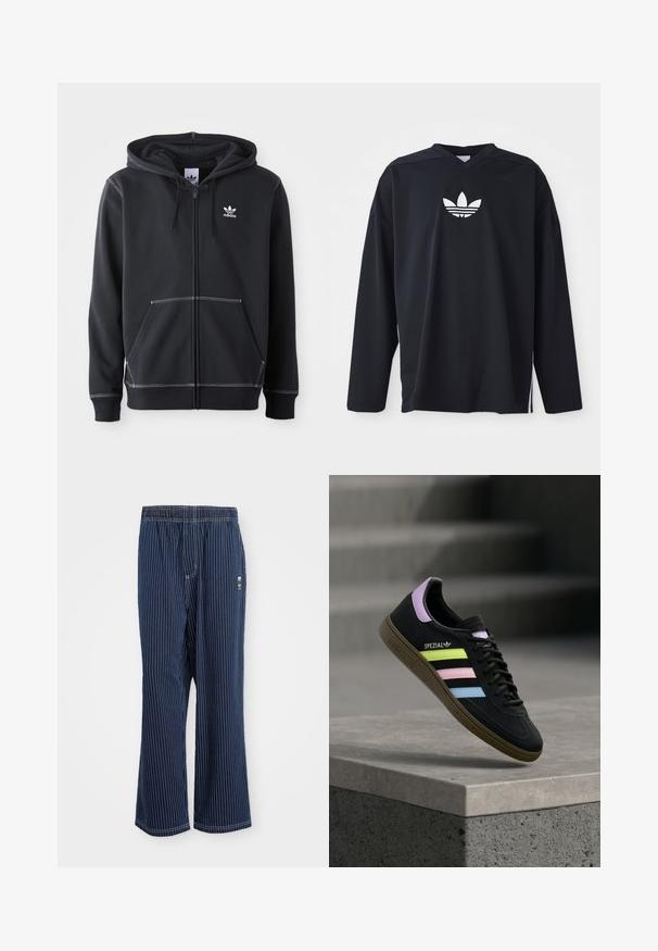 Čierna mikina na zips vyrobená z mäkkého materiálu, ktorá má predné vrecko typu kangaroo, biele švy a malé biele logo na hrudi.; Čierny dlhý rukáv s dresom vyrobeným z sieťoviny, s výstrihom do V a bielym logom Adidas trefoil na hrudi. Bočné rozparky na leme.; Námornícke pruhované nohavice s svetlomodrými vertikálnymi pruhmi, elastickým pásom, širokým strihom a malým logom na boku. Štruktúra látky je hladká.; Čierna teniska Adidas Spezial s pastelovo žltými, ružovými a modrými pruhmi, levanduľovým jazýčkom na päte a hnedou podrážkou, vznášajúca sa nad betónovou hranou.