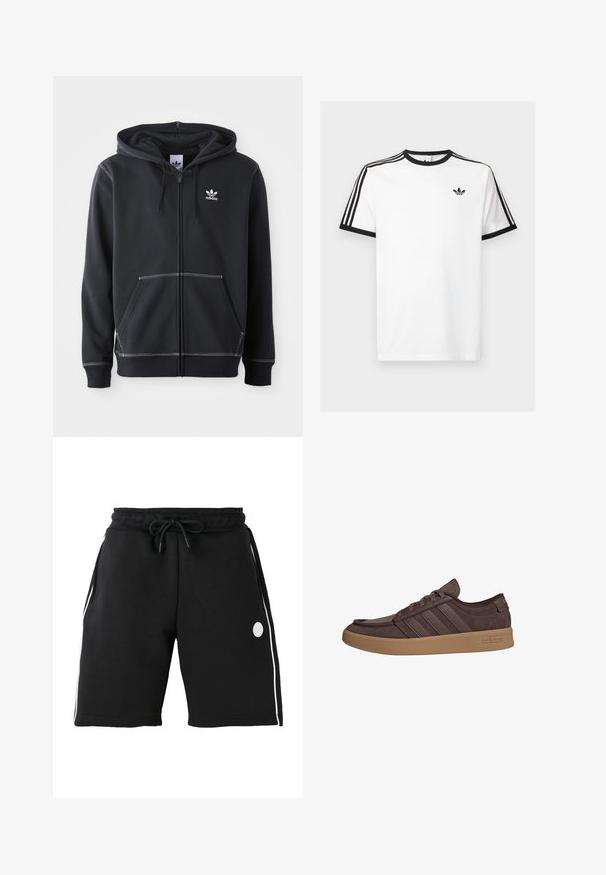 Sort zip-up hoodie lavet af blødt stof med en frontkangaroo-lomme, hvide stikninger og et lille hvidt logo på brystet.; Hvid bomulds t-shirt med sort ribkant ved hals og ærmer, med tre sorte striber på hver skulder og et lille logo på brystet.; Sorte knælange shorts med elastisk linning og snøre, hvide verticale sidestriber og lille rundt logo på venstre lår.; Brun Adidas lavt snørestøvle med ruskind og læderoverdel, gummisål og signaturens tre striber på siden.