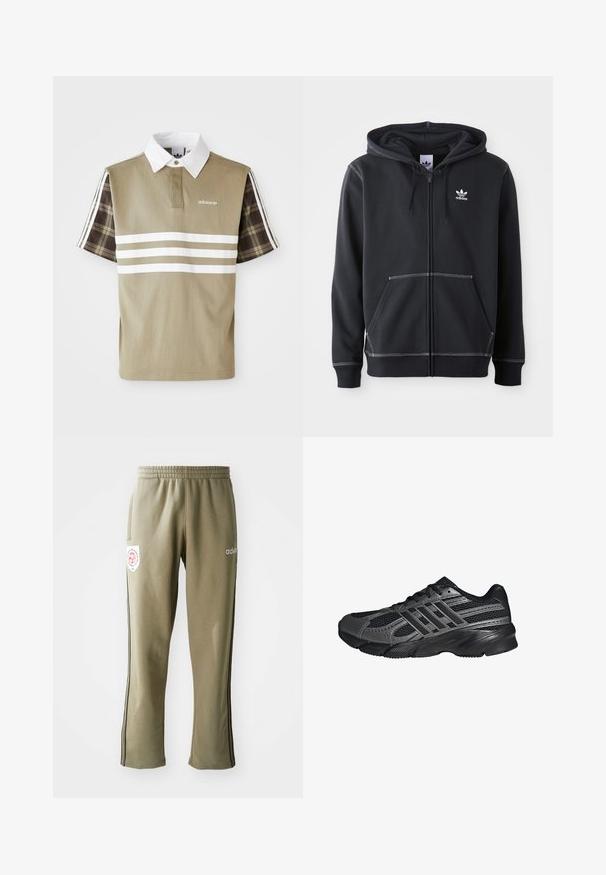 Čierna mikina na zips vyrobená z mäkkého materiálu, ktorá má predné vrecko typu kangaroo, biele švy a malé biele logo na hrudi.; Polo tričko v olivovej zelenej farbe s bielymi pruhmi a károvaným vzorom na krátkych rukávoch. Obsahuje biely golier a logo na hrudi.; Olivové tepláky so širokým elastickým pásom, bočnými vreckami, čiernymi bočnými prúžkami a logom na stehne.; Čierne športové topánky vyrobené z pletiva a syntetických materiálov, s textúrovaným povrchom, viacerými šedými pruhmi a polstrovaným golierom.