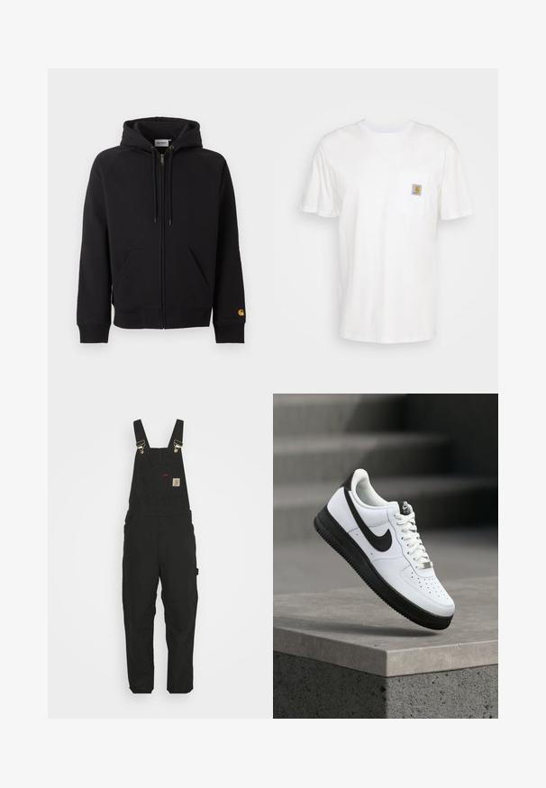 Sudadera negra con cremallera, bolsillos delanteros, capucha con cordón, puños y dobladillo acanalados, y pequeño logo amarillo en el puño de la manga izquierda.; Camiseta de algodón blanca con mangas cortas, un bolsillo en el pecho y un pequeño parche cuadrado de logo en naranja y blanco en el bolsillo.; Pantalones de tirantes de algodón negros con tirantes ajustables, un bolsillo delantero con parche de logo y dos bolsillos laterales, con un corte relajado.; Zapatilla deportiva de cuero blanco con detalles en negro, punta redondeada y detalles perforados. Suela de goma negra con patrón texturizado y cierre de cordones.