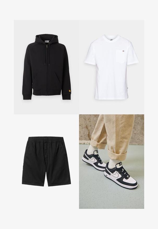 Sweat à capuche noir zippé avec poches avant, capuche avec cordon, poignets et ourlet côtelés, et petit logo jaune sur le poignet gauche de la manche.; T-shirt en coton blanc avec un col rond, des manches courtes et une poche poitrine arborant un petit logo de la marque sur le côté gauche.; Shorts noirs avec une taille élastique, des poches latérales et une coupe droite. Fabriqués à partir d'un tissu léger avec une texture lisse.; Baskets Nike Air Force 1 en noir et blanc avec un dessus en cuir, orteil perforé et détail de semelle texturée, portées avec un pantalon beige retroussé et des chaussettes blanches.