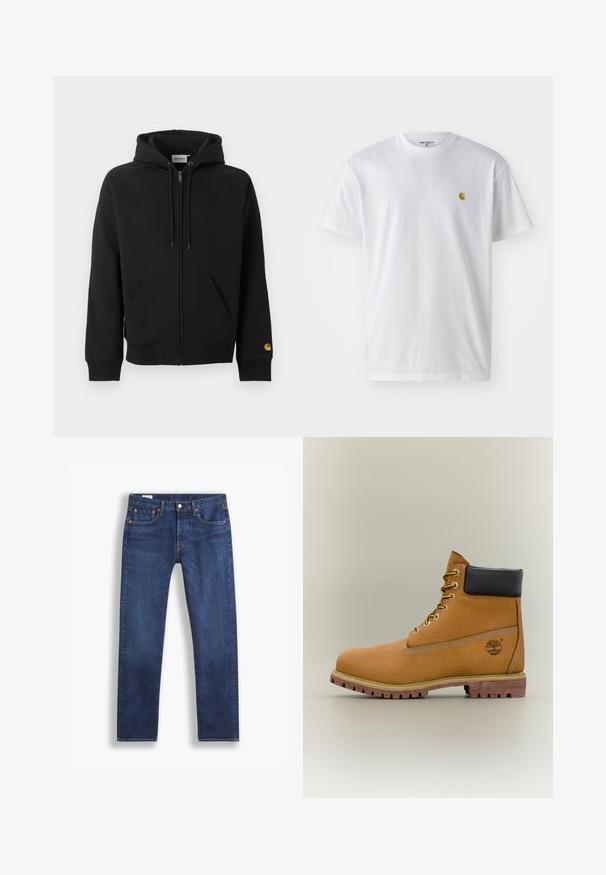 Zwarte hoodie met ritssluiting, voorzakken, trekkoord in de capuchon, geribde boorden en zoom, en een klein geel logo op de linker mouwboord.; Witte katoenen t-shirt met korte mouwen en ronde hals, voorzien van een klein gouden logo op de linkerkant van de borst. Zachte textuur en een normale pasvorm.; Donkerblauwe rechte spijkerbroek met klassieke vijf-pocketstijl en knoopsluiting, getoond tegen een witte achtergrond.; Bruine leren enkellaars met zwarte kraag, gele veters en een zandkleurige zool. Voorzien van een logo en witte stikseldetails. Robuuste loopzool met grip.