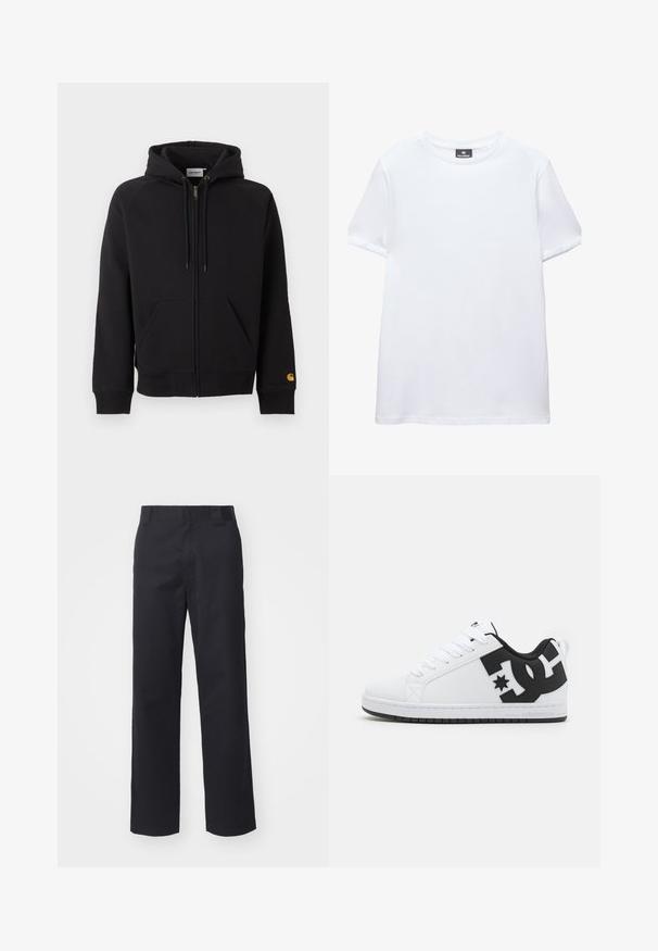 Sweat à capuche noir zippé avec poches avant, capuche avec cordon, poignets et ourlet côtelés, et petit logo jaune sur le poignet gauche de la manche.; T-shirt blanc uni à manches courtes, col rond, avec une étiquette noire Pull&Bear à l'intérieur du col, présenté sur fond blanc.; Pantalons droits noirs en tissu en mélange de coton. Présentent une taille plate avec passants de ceinture et sans matériel ou embellissements visibles.; Baskets blanches avec un dessus synthétique lisse, ornées d'accents de logo noirs et d'une semelle en caoutchouc. Design à lacets, forme de bout arrondi.