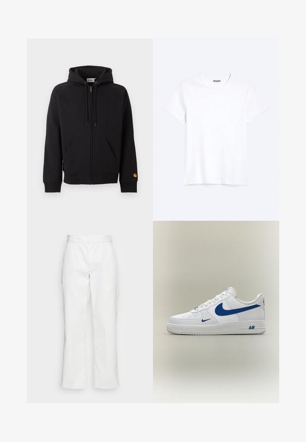 Sweat à capuche noir zippé avec poches avant, capuche avec cordon, poignets et ourlet côtelés, et petit logo jaune sur le poignet gauche de la manche.; T-shirt blanc uni à manches courtes et col rond avec une étiquette de la marque WEEKDAY visible au niveau du col, présenté sur un fond clair.; Pantalons en coton blanc avec une coupe droite, passants de ceinture et poches latérales, possédant une texture lisse et un design minimaliste.; Baskets blanches Nike Air Force 1 avec logos swoosh bleus et texte "AIR" sur la semelle, vues de côté sur un fond neutre.