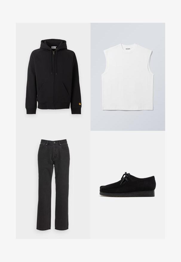 Sweat à capuche noir zippé avec poches avant, capuche avec cordon, poignets et ourlet côtelés, et petit logo jaune sur le poignet gauche de la manche.; Haut blanc sans manches en coton à col rond avec épaules structurées, marqué "WEEKDAY" sur l'étiquette du col, présenté sur un fond gris clair.; Jean en denim noir avec une coupe droite, dotés d'une fermeture à bouton à l'avant, de passants de ceinture et de deux poches latérales. Tissu texturé.; Chaussures en daim noir avec un design à bout arrondi, un laçage à l'avant et une semelle en caoutchouc noir texturé. Tige lisse avec de subtils détails de couture.
