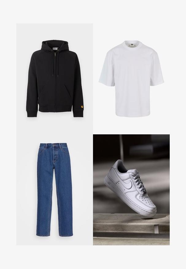 Schwarzer Zip-Hoodie mit Fronttaschen, Kordelzug-Kapuze, gerippten Bündchen und Saum sowie kleinem gelbem Logo am linken Ärmelbündchen.; Weißes T-Shirt mit kurzen Ärmeln aus Baumwolle. Verfügt über einen Rundhalsausschnitt und einen lockeren Schnitt mit glatter Oberfläche sowie ohne sichtbare Muster oder Grafiken.; Blaue Jeans aus Denim mit einem klassischen geraden Bein-Design, ausgestattet mit einer hohen Taille, Gürtelschlaufen und dezenten Stickdetails.; Weißer Nike Air Force 1 Sneaker aus Leder mit perforierter Zehenpartie, flachen Schnürsenkeln und strukturierter Gummisohle mit "AIR"-Branding an der Seite.