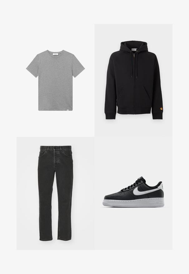 Schwarzer Zip-Hoodie mit Fronttaschen, Kordelzug-Kapuze, gerippten Bündchen und Saum sowie kleinem gelbem Logo am linken Ärmelbündchen.; Graues kurzärmeliges T-Shirt aus einem Baumwoll-Mischgewebe. Es verfügt über einen runden Halsausschnitt und ein kleines Logodetail auf der linken Vorderseite.; Schwarze Jeans aus Denim mit geradem Bein, klassischem Fünf-Taschen-Design, Knopfverschluss und verblasster Optik. Angenehme Textur, keine sichtbaren Muster.; Schwarze Ledersneaker mit strukturierten Oberflächen, weißem Nike-Swoosh, grauer Sohle, runder Zehenpartie und Schnürdesign. Verfügt über Perforationen an der Zehenbox.