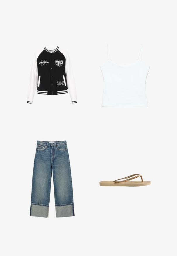 Sort og hvid varsityjakke med broderede grafik, trykknapper og stribede ærmekanter og kant forneden. Har sidelommer og kontrasterende ærmer.; Hvid kort camisole med tynde justerbare spaghetti stropper og en lige halsudskæring.; Blå denimjeans med vide ben og store foldede manchetter i bunden, med forlommer og bæltestropper.; Flip-flop med en beige textureret sål, tynde brune stropper og guldglimmer-detaljer. Letvægtsdesign, der er velegnet til afslappet brug.