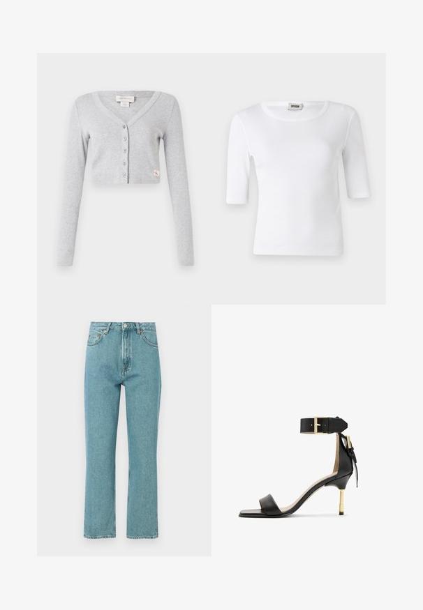Grijze korte cardigan van zachte stof, met een V-hals, lange mouwen, zes knopen en een klein logolabel aan de voorkant.; Witte geribde T-shirt met een ronde halslijn en ellebooglange mouwen. Gemaakt van zacht materiaal met een gladde textuur. Label zichtbaar bij de halslijn.; Lichtblauwe, high-waisted jeans met een rechte pijpdesign. Gemaakt van denim, met voorzakken en een knoopsluiting.; Zwarte leren sandalen met hak en vierkante neus, enkelband met een gouden gesp en een slanke metalen hak. Soepele textuur, minimalistisch ontwerp.