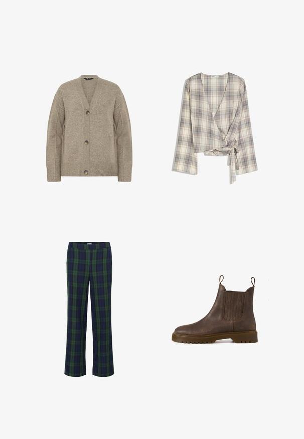 Cardigan beige en maille avec col en V, manches longues, poignets et ourlet côtelés, et trois grands boutons devant pour la fermeture.; Blouse cache-cœur à carreaux beige et bleu clair avec manches longues et fermeture à nouer sur le côté, fabriquée en tissu léger.; Pantalons à carreaux verts et bleu marine avec une coupe droite et une taille élastique. Le tissu a une texture douce, avec un motif à carreaux classique.; Bottines en cuir marron avec des panneaux élastiques sur les côtés, des languettes de tirage et une semelle en caoutchouc texturé. Fini lisse avec un bout arrondi et un design robuste.