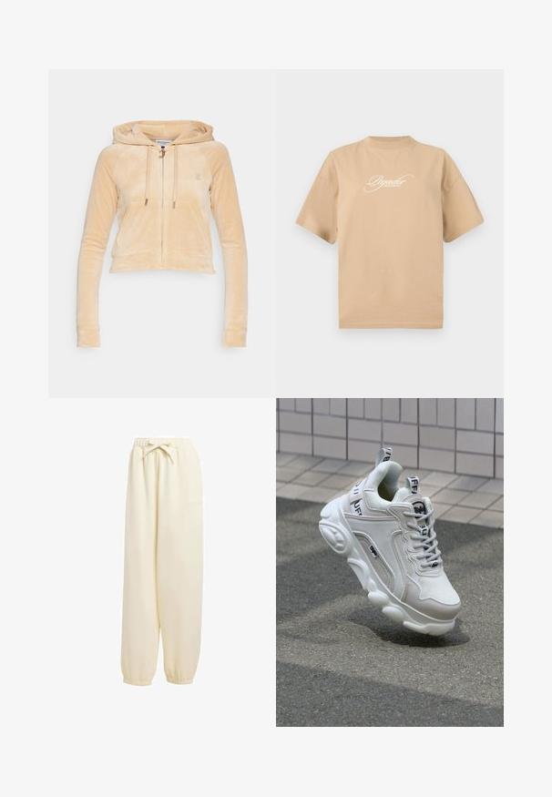 Juicy Couture MADISON - Sweatjacke - beige; Beige Baumwoll-T-Shirt mit kurzen Ärmeln, rundem Halsausschnitt und weißem, geschwungenem Text auf der Vorderseite mit der Aufschrift "Pegador Dreams Come True."; Beige, locker sitzende Sweatpants aus weichem Material. Sie verfügen über einen elastischen Bund mit Kordelzug und elastische Bündchen an den Knöcheln.; Weißer Sneaker aus Mesh- und Ledermaterialien, mit rundem Zehenbereich, dicker Sohle, auffälligen Schnürsenkeln sowie Branding an der Ferse und der Zunge.