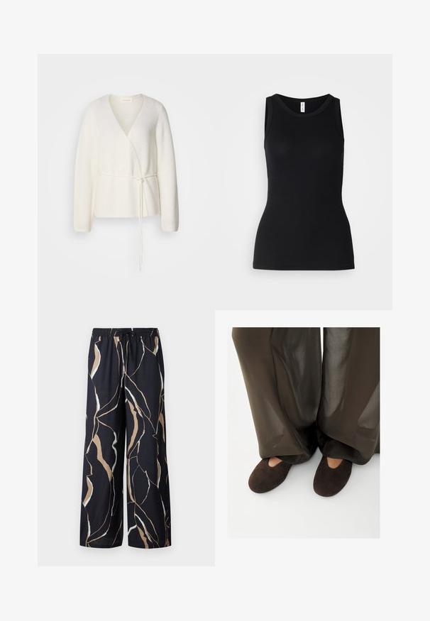 Weißer Wickelcardigan aus weichem Material, mit langen Ärmeln, tiefem V-Ausschnitt und einem gebundenen Taillendetail für eine verstellbare Passform.; Schwarzes ärmelloses Tanktop aus geripptem Stoff, mit rundem Ausschnitt und figurbetontem Design, glatter Textur und ohne Muster.; Bequeme weite Hose aus einem dunkelblauen Stoff mit einem auffälligen abstrakten Muster in Beige und Weiß. Elastischer Bund mit Kordelzug.; Person, die dunkelbraune Wildlederschlappen mit einer kleinen Aussparung trägt, kombiniert mit weiten, halbtransparenten dunkelbraunen Hosen, die die Knöchel bedecken.