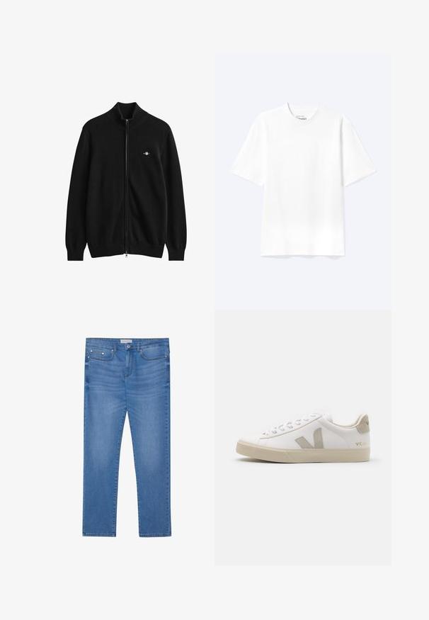 Sort cardigan med fuld lynlås, ribkant ved hals, ærmer og bund, med et lille broderet logo på venstre bryst.; Enkel hvid T-shirt med korte ærmer og rund hals med afslappet pasform, vist på en lys baggrund.; Lyseblå denimjeans med lige ben, femlommes design, subtil falming og metalbeslag ved taljen og lommerne.; Hvide lædersneakers med beige detaljer, flad gummisål, rund tå og kontrasterende logo på siden og bagsiden. Snørebåndsdesign.