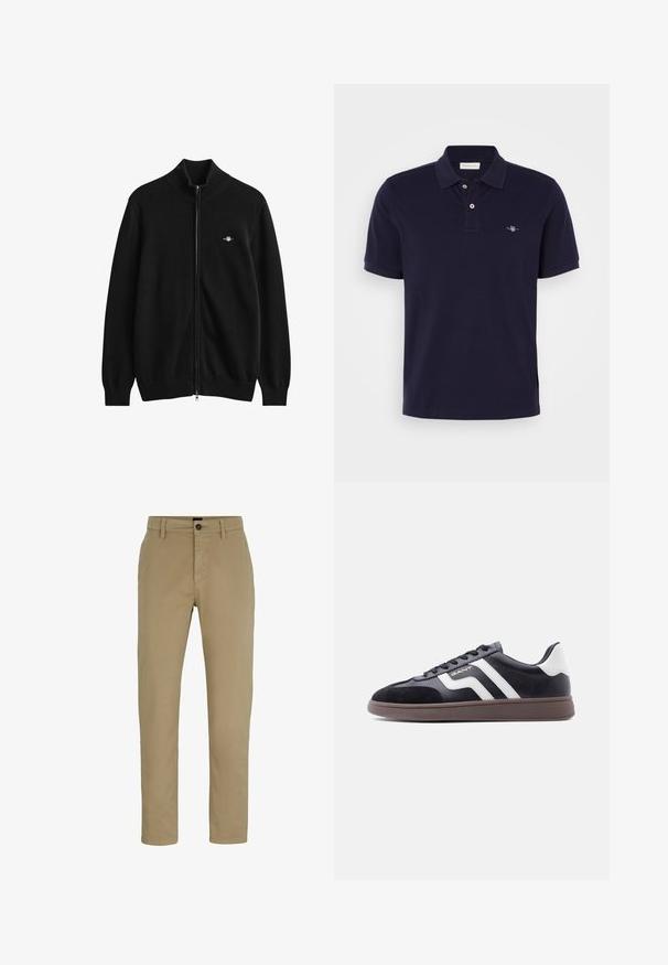 Sort cardigan med fuld lynlås, ribkant ved hals, ærmer og bund, med et lille broderet logo på venstre bryst.; Marineblå polo shirt lavet af bomuld, med klassisk krave, to-knaps placket, korte ærmer og et lille broderet logo på brystet.; Beige bomulds chinos med slim-fit, flad front og knaplukning. Har bæltestropper og sidelommer for funktionalitet.; Sorte sneakers med ruskind og syntetisk materiale, hvide diagonale striber og en brun tekstureret sål. Har snøredesign og polstret krave.