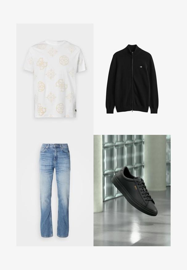 Cardigan noir zippé intégralement avec col, poignets et ourlet côtelés, présentant un petit logo brodé sur la poitrine gauche.; T-shirt en coton blanc avec un motif abstrait beige clair comportant diverses formes géométriques et logos. Col rond et manches courtes.; Jean en denim bleu clair avec une coupe droite, finition délavée, cinq poches et une fermeture à bouton. Design classique et épaisseur moyenne.; Baskets basses en cuir noir avec lacets noirs et logo BOSS doré sur le côté, flottant au-dessus d’un sol gris brillant dans un espace intérieur moderne.
