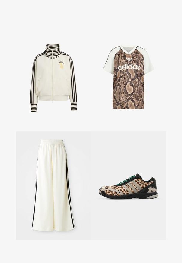 Hvid jakke med lynlås og høj krave, sorte stribede detaljer på ærmer og krave, med nummer 3 og "adidas" logo i guld.; Adidas kortærmet V-hals shirt med hvide ærmer og brun slangeprint krop, med hvid Adidas-logo og trefoil-emblem foran.; Hvide løse bukser med elastisk talje og sorte lodrette striber langs yderseams.; adidas Originals ADIZERO ADIOS OG - Sneakers - grey two/core black/court green