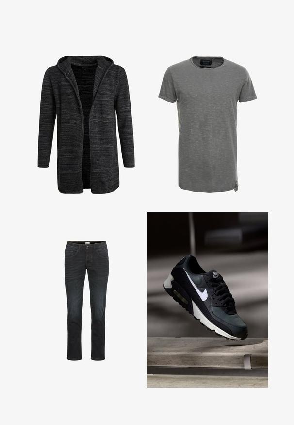 Sort strikket cardigan med hætte, åben front, lange ærmer, med et struktureret mønster overalt og en blød indvendig foring.; Grå kortærmet t-shirt lavet af blødt, tekstureret stof. Har en rund halsudskæring og et diskret meleret mønster, med et mærketag på siden.; Slim-fit jeans i mørk denimvask, med fem lommer, bæltestropper og lynlås. Glat tekstur med minimal fading og syningsdetaljer.; Sort og grå Nike Air Max sneaker med hvid swoosh, ophængt over en betongulv mod en sløret mørk baggrund.