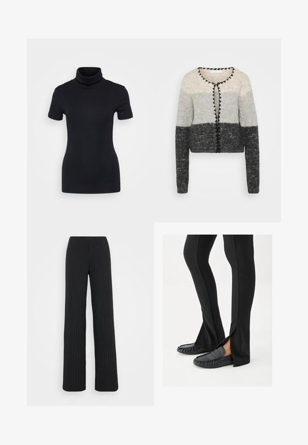Strikket cardigan med gradient design i grå og creme, rund halsudskæring og sorte dekorative knapper langs frontklappen.; Sorte ribbede turtleneck top, korte ærmer, tætsiddende design, blød tekstur, minimale sømme og en høj krave.; Vero Moda Tall VMBERLIN MY WIDE - Bukser - obsidian/oatmeal; Ben iført sorte flagrende bukser med sideslids, kombineret med sorte lædermoccasins på en hvid baggrund.