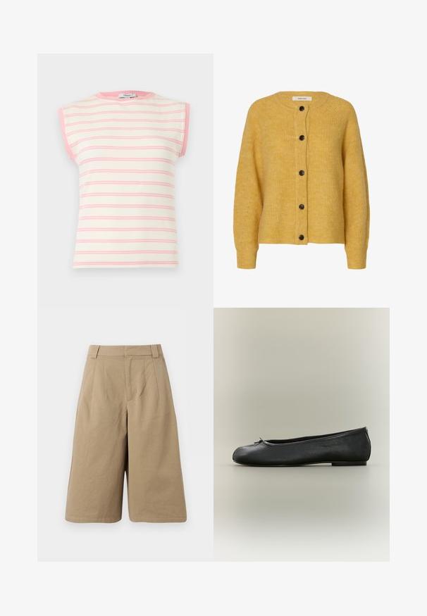 Cardigan en laine jaune tricoté avec manches longues et cinq boutons foncés sur le devant.; Haut sans manches en maille côtelée rayé crème et rose avec une bordure rose autour du col et des emmanchures.; Shorts beige à longueur genou avec passants de ceinture, plis avant et fermeture avant dissimulée, fabriqués en tissu doux.; Ballerine plate en cuir noir avec un petit nœud sur le devant et une semelle basse et plate, montrée de profil sur un fond neutre.