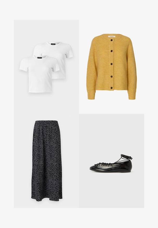 Gul strikket uldcardigan med lange ærmer og fem mørke knapper foran.; To enkle hvide T-shirts med korte ærmer og rund hals med JJXX mærke-etiketter vist på en lys grå baggrund.; Sort midi-nederdel med hvide, uregelmæssige polkaprikker og elastisk taljebånd, flydende stof, ingen synlige lukninger eller lommer.; Sorte balletflade sko i laklæder med rundet tå, snørelukning og flad sål. Glat tekstur med få detaljer.