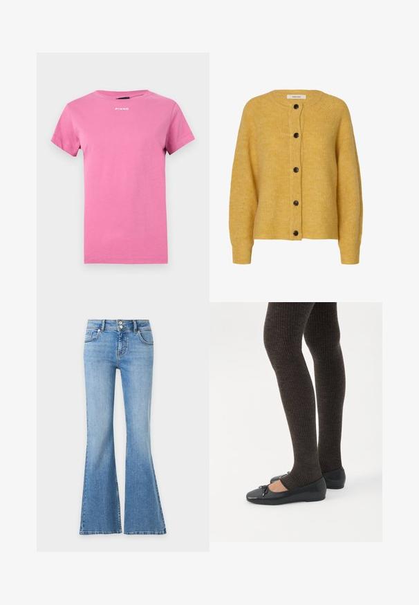 Cardigan en laine jaune tricoté avec manches longues et cinq boutons foncés sur le devant.; T-shirt rose vif à manches courtes avec encolure ronde et petit logo blanc "PINKO" centré près du col.; Jean en denim bleu clair avec jambes évasées, deux poches devant et derrière, et une fermeture taille double bouton.; Jambes portant des leggings côtelés foncés associés à des ballerines noires avec de petits détails en nœud sur fond blanc.