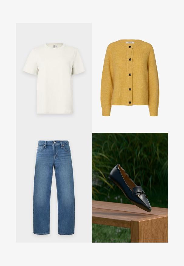 Cárdigan amarillo de lana de punto con mangas largas y cinco botones oscuros en la parte delantera.; Camiseta de algodón beige claro con cuello redondo, mangas cortas y corte regular. Textura suave y diseño minimalista sin patrones ni acentos.; Vaqueros azules de corte recto con cierre de botón y cremallera, bolsillos delanteros y traseros, mostrados sobre un fondo claro y liso.; Mocasín de cuero negro con un detalle de lazo flotando sobre un banco de madera, con hierba verde y plantas en el fondo.