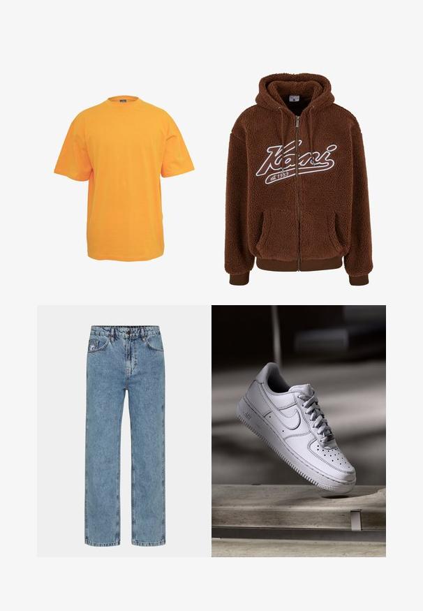 Brun fleece hættejakke med lynlås foran, store lommer og hvid logo detaljering. Har snoretræk i hætten og ribbede manchetter og kant.; Orange bomulds t-shirt med rund halsudskæring, korte ærmer og en afslappet pasform. Ingen mønstre eller detaljer. Glat tekstur.; Lyseblå lige ben jeans i denimstof med knaplukning, fem lommer og kontrastsyning.; Hvid læder Nike Air Force 1 sneaker med perforeret tå, flade snørebånd og tekstureret gummisål med "AIR" branding på siden.