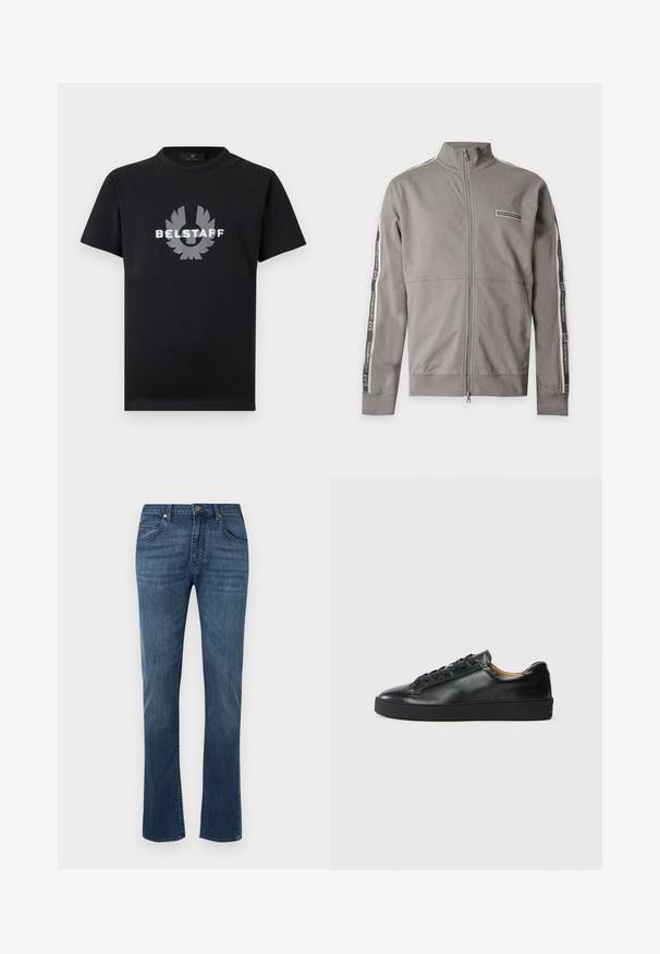 Veste gris clair zippée avec col montant, manches longues avec bandes noires et blanches du logo EA7 Emporio Armani, et petit écusson logo sur la poitrine.; T-shirt noir à manches courtes avec col rond, orné d'un logo Belstaff argenté réfléchissant et d'un emblème ailé centré sur la poitrine.; Jean droit en denim bleu avec passants pour ceinture, bouton à l'avant, braguette zippée et conception classique à cinq poches.; Baskets en cuir noir avec une texture lisse, bout rond et fermeture à lacets. Comprend une semelle en caoutchouc épaisse et un minimum de détails de marque.