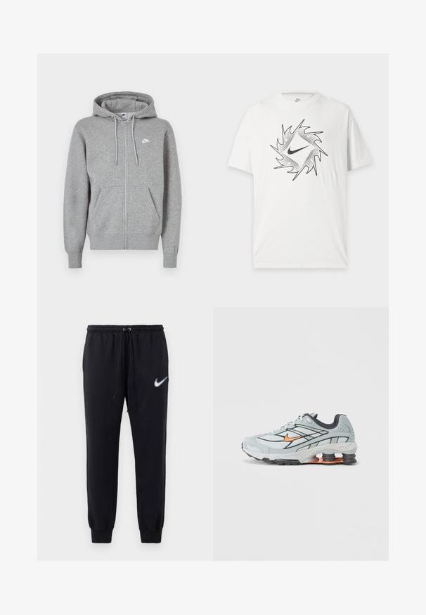 Hall hallikangast lukuga dressipluus. Sellel on nööriga kapuuts, kaks esitaskut ja väike valge logo rinnal.; Valge lühikeste varrukatega Nike T-särk musta abstraktse ümmarguse mustri ja esiküljel oleva Nike swoosh logoga.; Mustad mustad Nike'i dressid elastse vöökoha ja nööriga. Omandavad kitsenevad sääred ja vasakul reiel on valge tikandiga logo.; Helehall jooksujalats mustade aksentide, oranži logoga, võrkkattega pealosa, pehmendatud krae ja kummist tallaga, millel on nähtavad lööke neelavad elemendid.