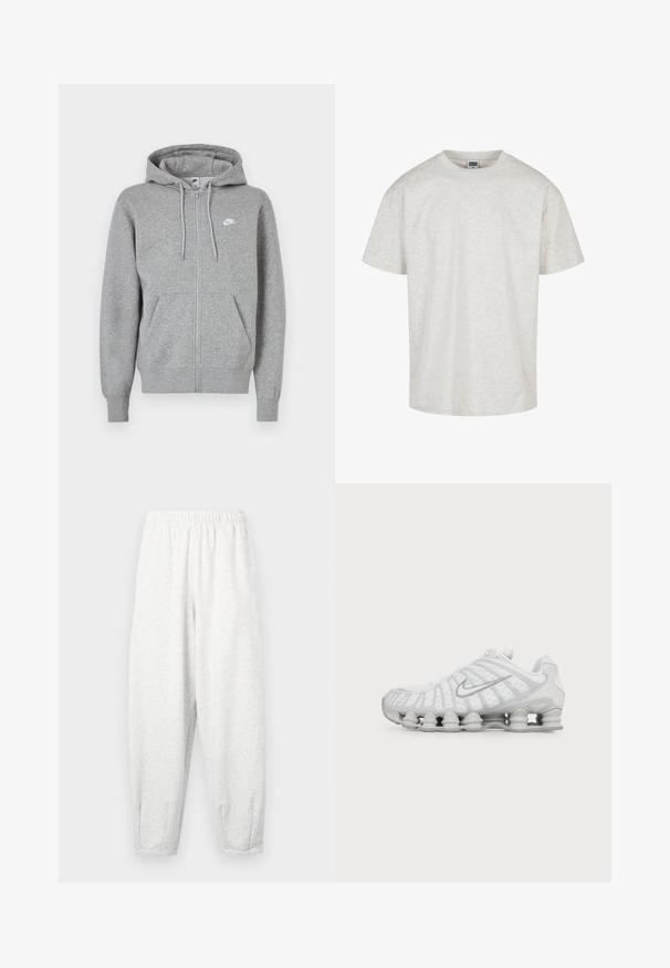 Grauer Kapuzenpullover mit Reißverschluss aus weichem Stoff. Verfügt über eine Kapuze mit Kordelzug, zwei Fronttaschen und ein kleines weißes Logo auf der Brust.; Helles graues Baumwoll-T-Shirt mit kurzen Ärmeln, einem Rundhalsausschnitt und einer lässigen Passform. Texturiertes Gewebe mit einem dezenten melierten Muster.; Hellgraue Sweatpants aus weichem Stoff, mit einem elastischen Bund, schmal zulaufenden Beinen und Fußbündchen. Einfaches Design ohne Muster.; Weißer Nike Laufschuh mit sichtbarer luftgepolsterter Sohle und silbernem Swoosh-Logo an der Seite, von der Außenseite gezeigt.