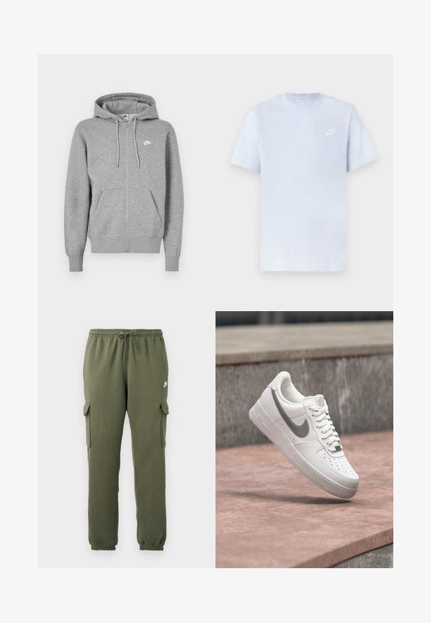 Sudadera con capucha gris con cremallera, confeccionada en tela suave. Cuenta con una capucha con cordón, dos bolsillos delanteros y un pequeño logo blanco en el pecho.; Camiseta de algodón de color azul claro con mangas cortas, cuello redondo y un logo blanco de Nike impreso en el pecho izquierdo. Textura suave, diseño sencillo.; Pantalones cargo verde oliva con cintura elástica, cierre con cordón, bolsillos laterales y logotipo de la marca en el muslo. Tejido suave de mezcla de algodón.; Zapatilla blanca Nike Air Force 1 con logo swoosh gris flotando sobre una superficie de piedra y un fondo de pared de piedra gris.