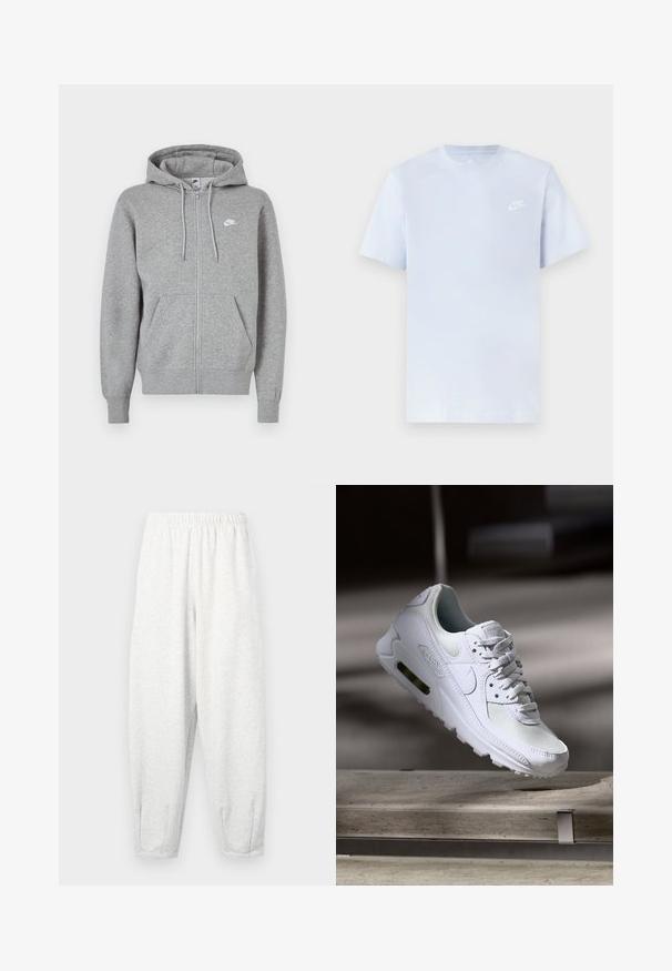 Grijze hoodie met ritssluiting, gemaakt van zachte stof. Voorzien van een capuchon met trekkoord, twee zakken aan de voorkant en een klein wit logo op de borst.; Lichtblauwe katoenen t-shirt met korte mouwen, ronde hals en een wit Nike-logo gedrukt op de linkerborst. Glad textuur, eenvoudig ontwerp.; Lichtgrijze sweatpants gemaakt van zachte stof, met een elastische tailleband, taps tolopende benen en enkelmanchetten. Eenvoudig ontwerp zonder patronen.; Witte Nike Air Max 90 sneaker met een bovenwerk van mesh en leer, een geperforeerde teenbox en een zichtbare luchtunit in de hiel.