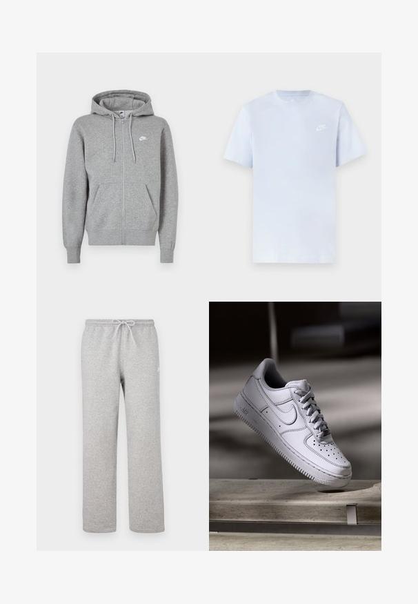Sudadera con capucha gris con cremallera, confeccionada en tela suave. Cuenta con una capucha con cordón, dos bolsillos delanteros y un pequeño logo blanco en el pecho.; Camiseta de algodón de color azul claro con mangas cortas, cuello redondo y un logo blanco de Nike impreso en el pecho izquierdo. Textura suave, diseño sencillo.; Pantalones deportivos grises con cintura elástica y cordón ajustable. Fabricados con tela suave, cuentan con piernas rectas y un sutil detalle de logotipo.; Zapatilla Nike Air Force 1 de cuero blanco que presenta una puntera perforada, cordones planos y una suela de goma texturizada con la marca "AIR" en el lateral.