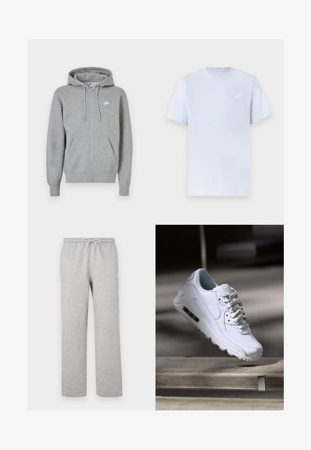 Grauer Kapuzenpullover mit Reißverschluss aus weichem Stoff. Verfügt über eine Kapuze mit Kordelzug, zwei Fronttaschen und ein kleines weißes Logo auf der Brust.; Hellblaue Baumwoll-T-Shirt mit kurzen Ärmeln, Rundhalsausschnitt und einem weißen Nike-Logo, das auf der linken Brust gedruckt ist. Glatte Textur, schlichtes Design.; Graue Jogginghosen mit einem elastischen Bund und Kordelzug. Hergestellt aus weichem Stoff, zeichnen sie sich durch gerade Beine und ein dezentes Logodetail aus.; Weiße Lederturnschuhe mit strukturierten Oberflächen, gepolstertem Kragen und sichtbarer Luftpolsterung in der Sohle. Verfügt über Schnürsenkel und ein minimalistisches Design.