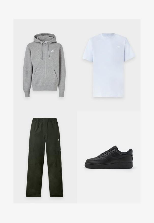 Grauer Kapuzenpullover mit Reißverschluss aus weichem Stoff. Verfügt über eine Kapuze mit Kordelzug, zwei Fronttaschen und ein kleines weißes Logo auf der Brust.; Hellblaue Baumwoll-T-Shirt mit kurzen Ärmeln, Rundhalsausschnitt und einem weißen Nike-Logo, das auf der linken Brust gedruckt ist. Glatte Textur, schlichtes Design.; Cargo-Hosen aus dunkelgrünem Stoff mit elastischem Bund, ausgestattet mit zwei seitlichen Taschen und einem kleinen Logo auf der Vorderseite.; Nike Sportswear AIR FORCE 1 07 FLYEASE - Sneaker low - black