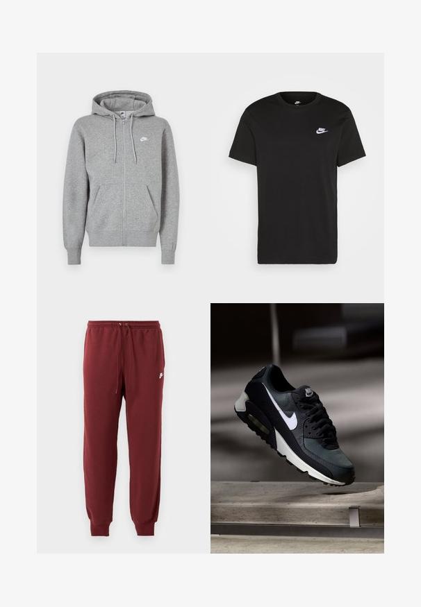 Hall hallikangast lukuga dressipluus. Sellel on nööriga kapuuts, kaks esitaskut ja väike valge logo rinnal.; Must musta T-särk lühikeste varrukatega, ümmargune kaelus ja väike valge Nike logo vasakul rinnaosal. Sile tekstuur. Klassikaline lõige.; Burgundia värvi dressipüksid, mis on valmistatud pehmest kangast, millel on elastne vöökoht koos nööriga ja kitsenevad mansetid, millel on väikene valge logo.; Must ja hall Nike Air Max toss valge triibuga, riputatud betoonpinna kohale, uduse tumeda tausta ees.