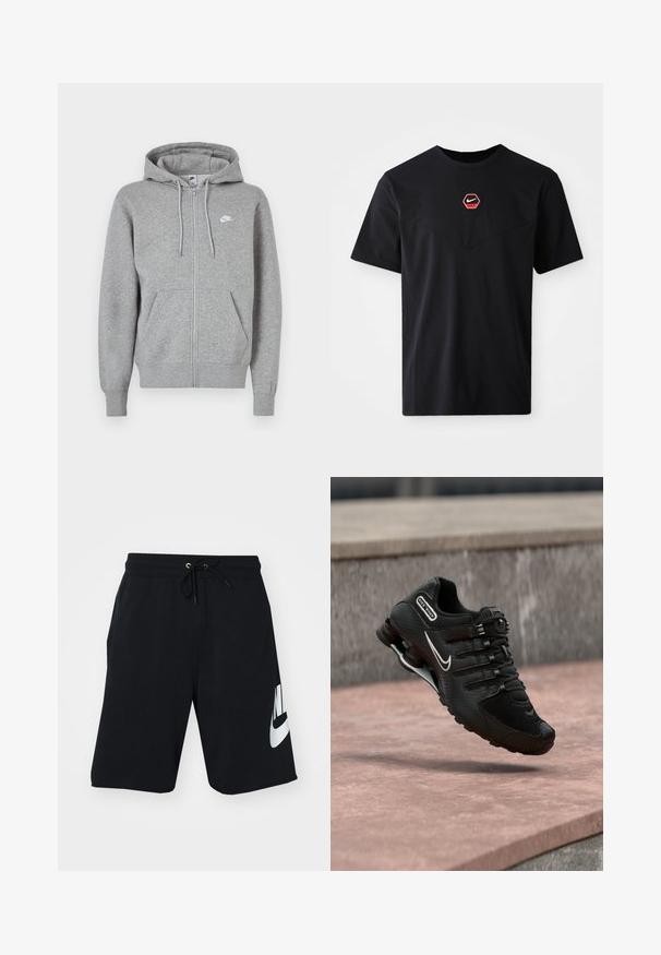 Hall hallikangast lukuga dressipluus. Sellel on nööriga kapuuts, kaks esitaskut ja väike valge logo rinnal.; Must puuvillane lühikeste varrukatega T-särk, millel on rinnal kuusnurkne punase ja valge Nike logo ning ümar kaelus.; Mustad puuvillased lühikesed püksid, millel on stringi vöökoht, küljetaskud ja suur valge Nike logo vasakul reiel. Klassikaline sportlik disain.; Must Nike Shox jooksujalats valge Swooshi logoga, õhus roosakat tooni betoonpinna kohal, halli kiviseina taustal.